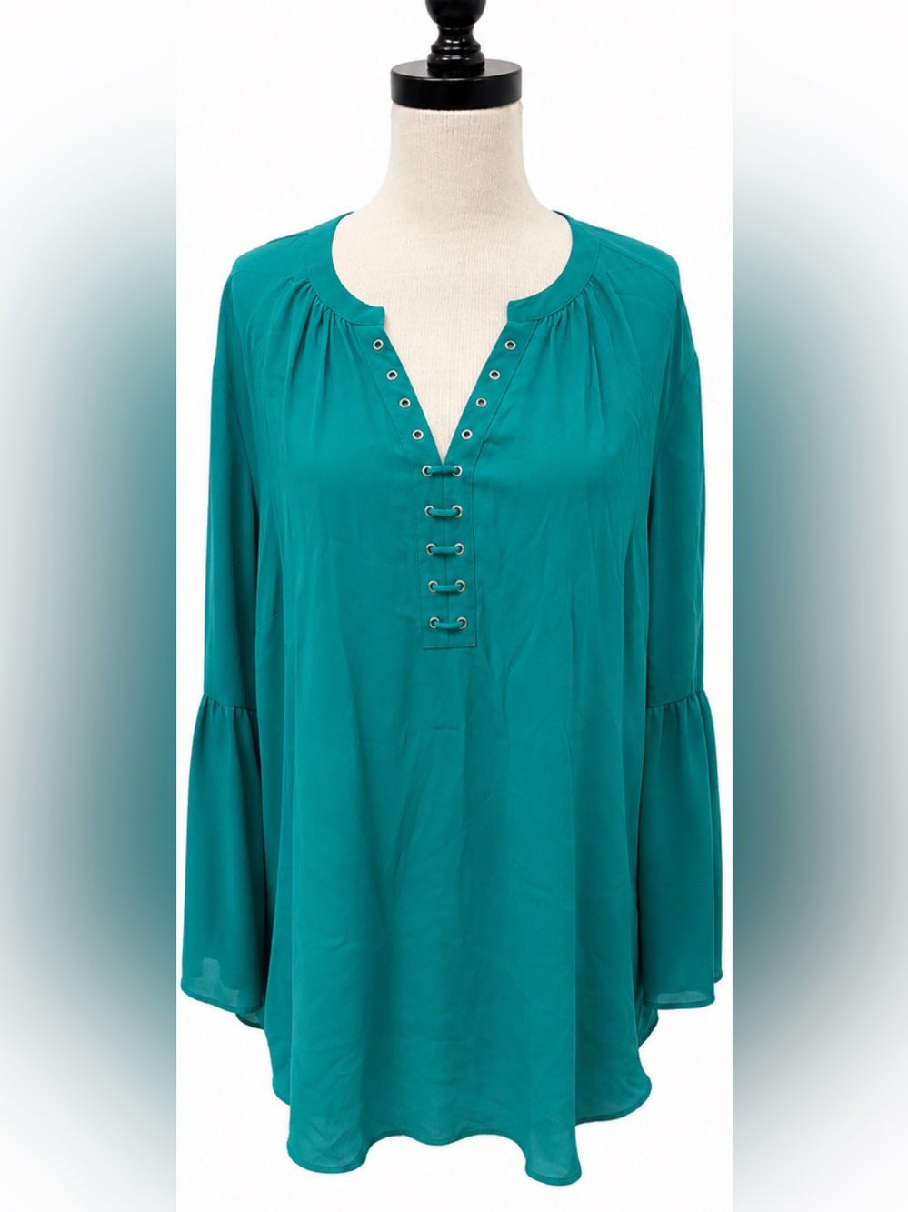 Emerald Green Lace-Up Peasant Blouse XL Flowy Bell Sleeve Tunic Top
